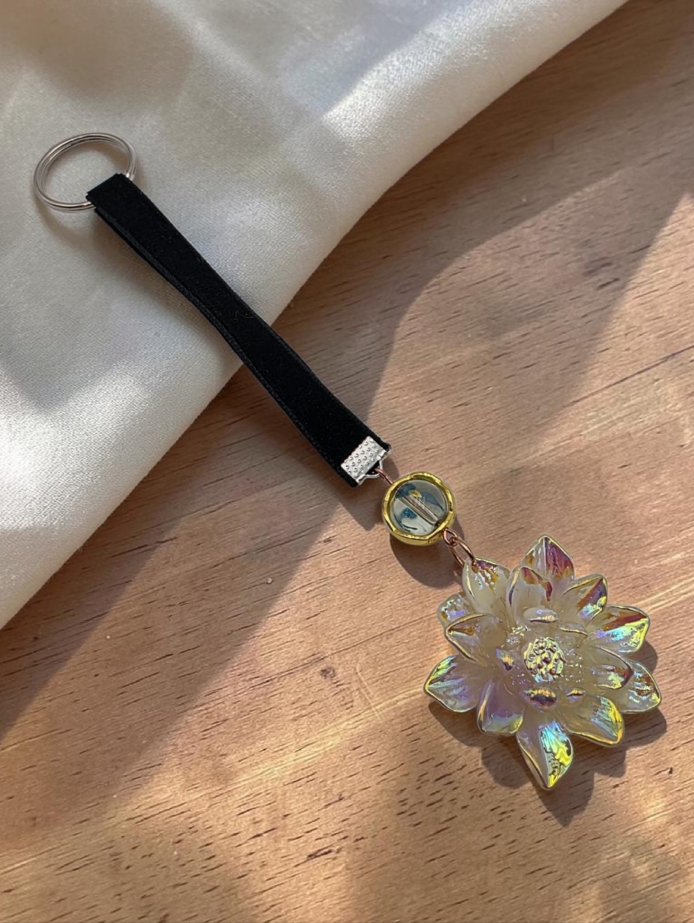 Iridescent Yellow Flower Keychain – Black Velvet Strap Bag Charm - Picture 1 of 5